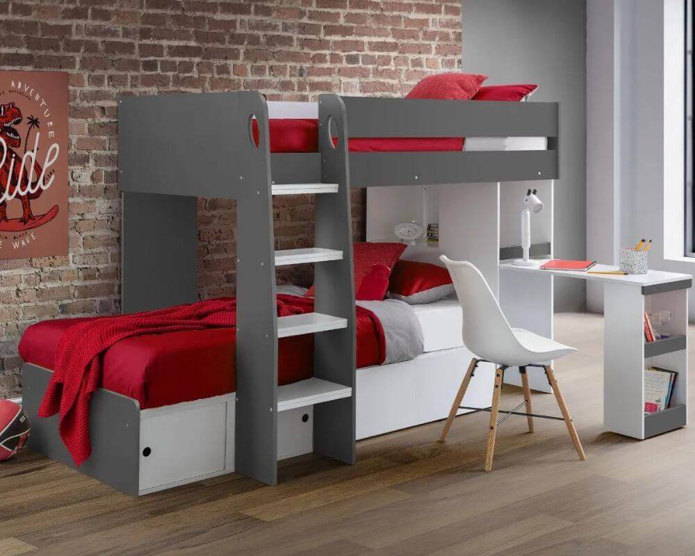 Julian Bowen - Eclipse Bunk Bed - Charcoal/White Bed - Front Side View - Bedroom Setting