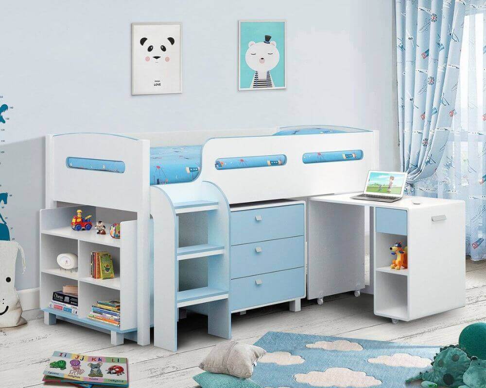  Julian Bowen Kimbo Cabin Bed - Blue/White - Front Side View - Bedroom Settings