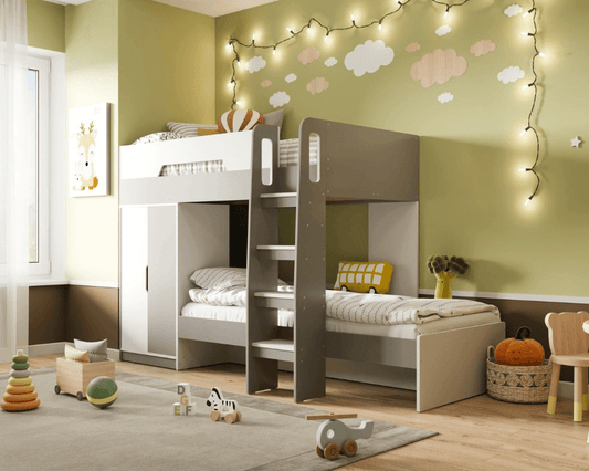 Flair Benito Bunk Bed With Wardrobe - White/Grey - Side Front View - Bedroom Setting