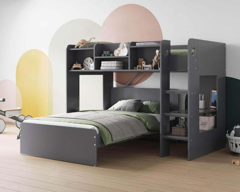 Flair Wizard L-Shaped Triple Sleeper Bunk Bed - Grey - Front Side View - Bedroom Setting