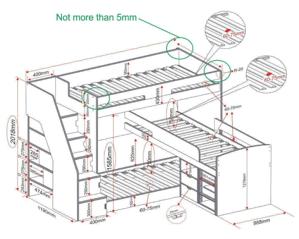 Flair Oscar Staircase Triple Bunk Bed White With Storage - Size Diagram 