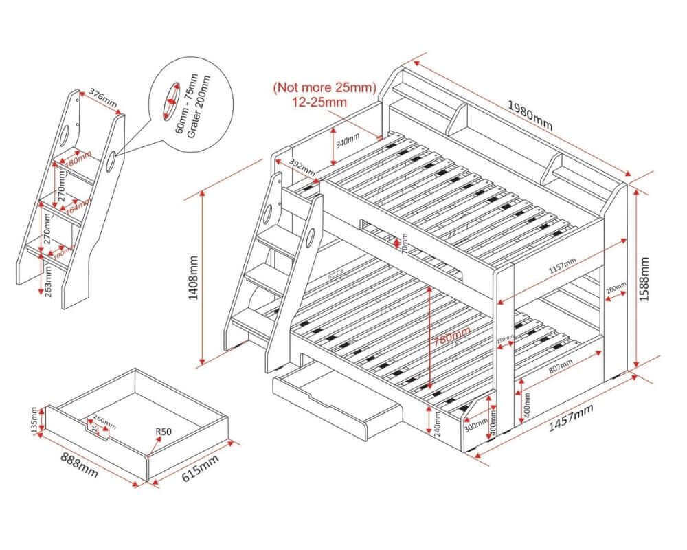 Flair Furnishings - Flick Triple-sleep Bunk Beds - View Of Size Dimensions