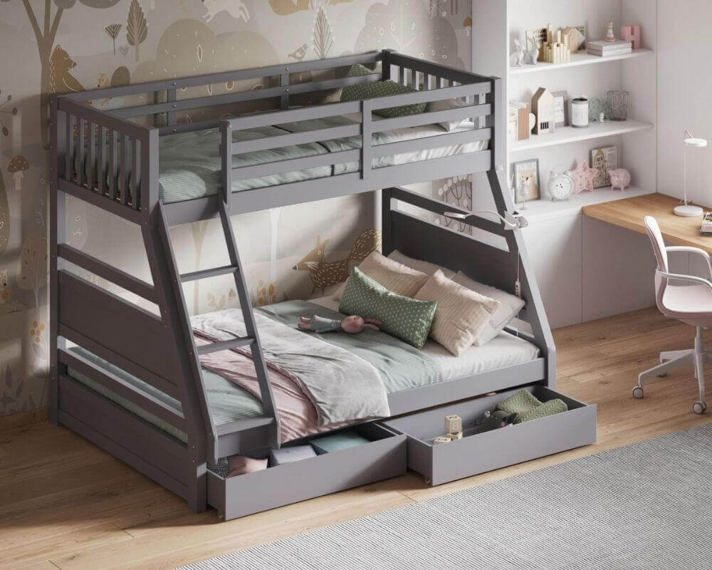 Flair Ollie Triple Bunk Bed - Grey - Front Side View - Bedroom Setting