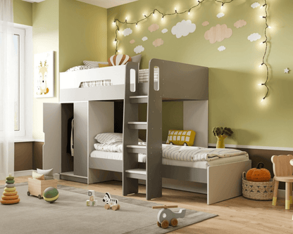 Flair Benito Bunk Bed With Wardrobe - White/Grey - Side Front View - Bedroom Setting