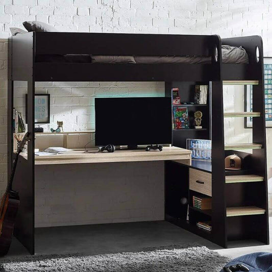 Julian Bowen Blaze Gaming Highsleeper Bunk Bed - Black/Pale Wood - Front Side View - Bedroom Setting