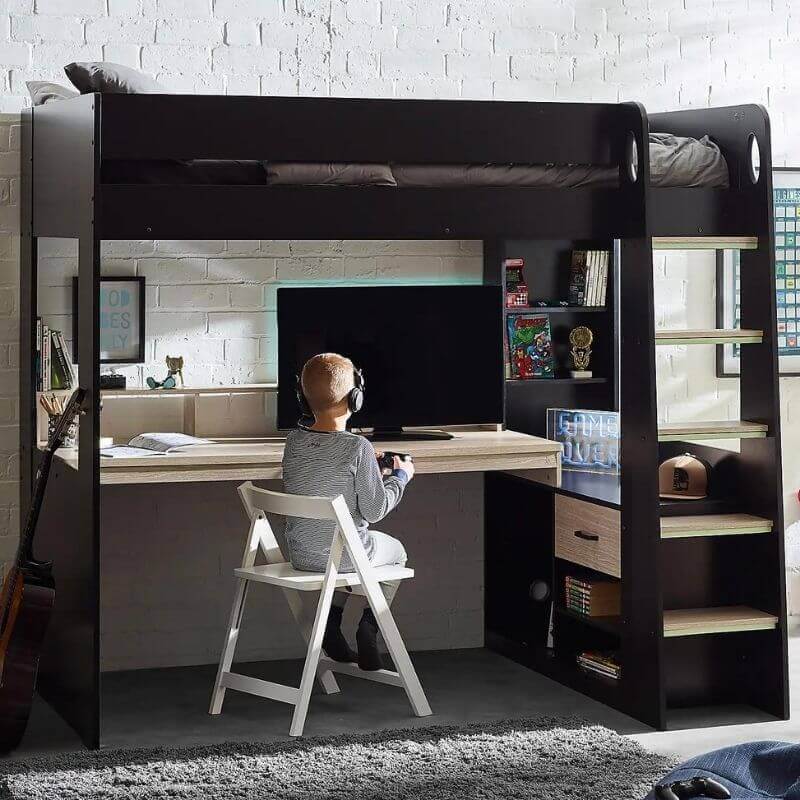 Julian Bowen Blaze Gaming Highsleeper Bunk Bed - Black/Pale Wood - Front Side View - Bedroom Setting