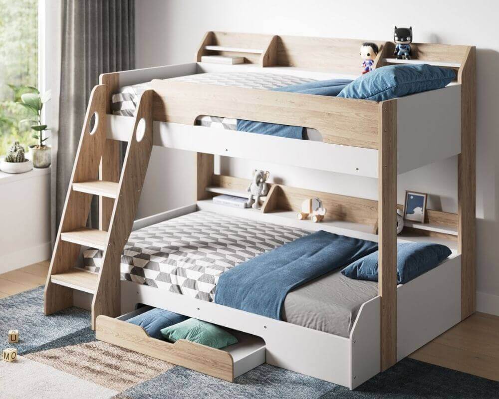 Flair Furnishings - Flick Triple-sleep Bunk Beds - Oak - Front Side View - Bedroom Setting