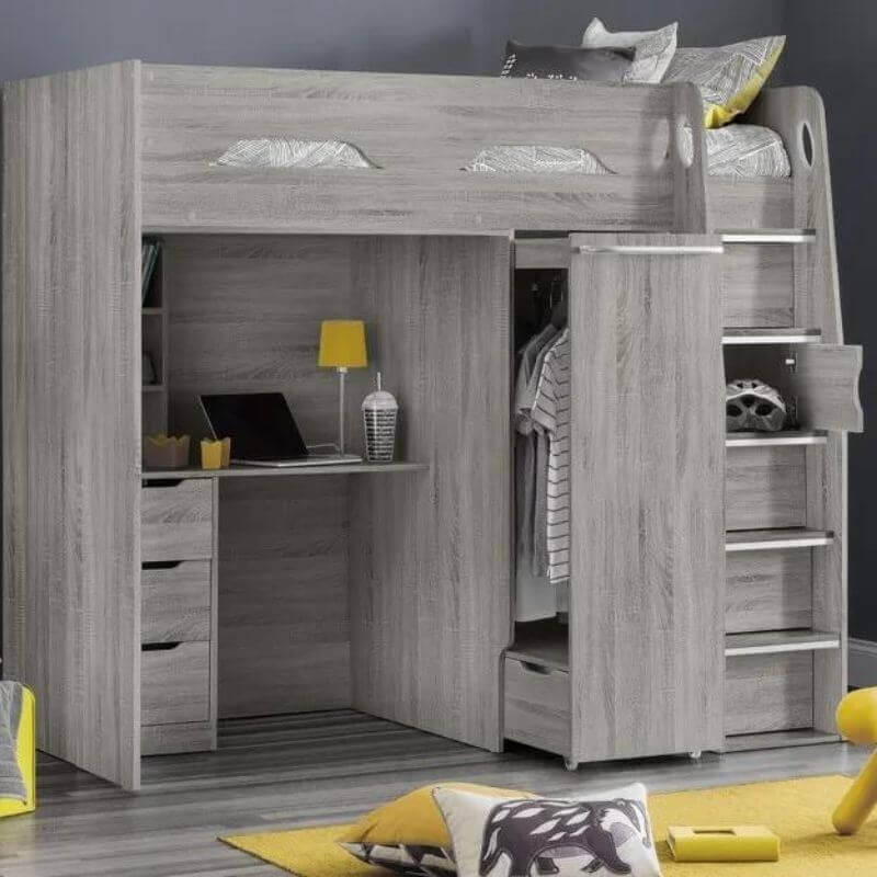 Julian Bowen Pegasus Highsleeper Bunk Bed - Grey Oak - Front View - Bedroom Setting