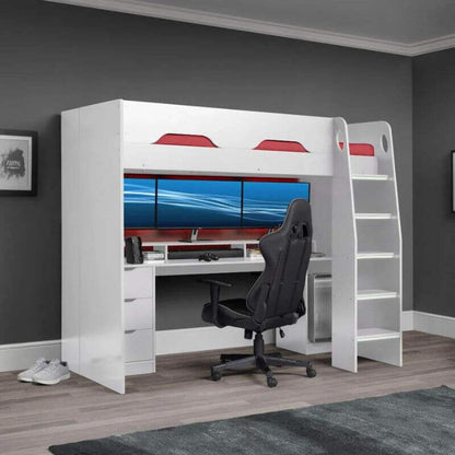 Julian Bowen Mercury Pc Gaming High-Sleeper - White Bed - Front Side View - Bedroom Setting