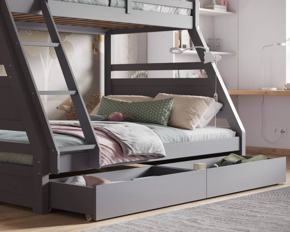 Flair Ollie Triple Bunk Bed - Grey - Front Side View - Bedroom Setting