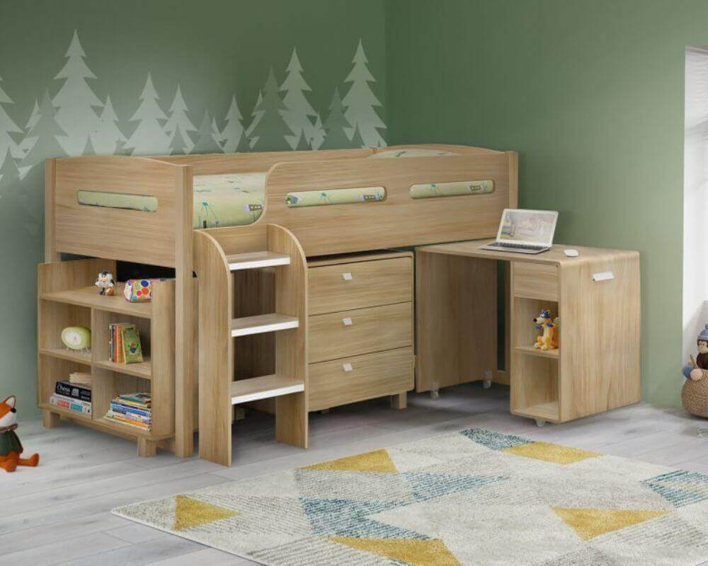 Julian Bowen Kimbo Cabin Bed - Sonoma Oak - Front Side View - Bedroom Setting