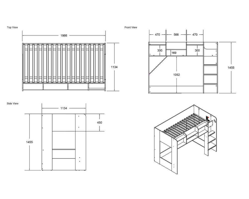 Flair Wizard Junior high Sleeper With Storage - Size Dimensions