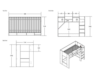 Flair Wizard Junior high Sleeper With Storage - Size Dimensions