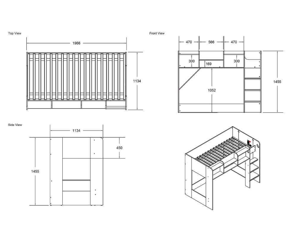 Flair Wizard L-Shaped Triple Sleeper Bunk Bed - View Of Size Chart