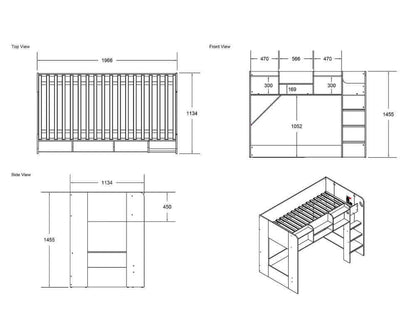 Flair Wizard L-Shaped Triple Sleeper Bunk Bed - View Of Size Chart