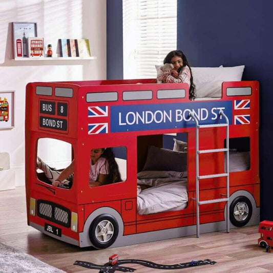 Julian Bowen London Bus Bunk Bed - Red London Bus - Front View - Bedroom Setting