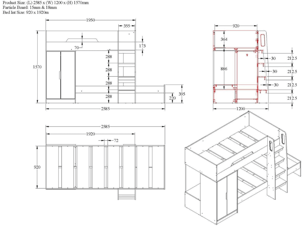 Flair Benito Bunk Bed With Wardrobe - View Of Size Dimensions