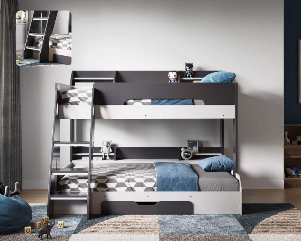 Flair Furnishings - Flick Triple-sleep Bunk Beds - Grey - Front View - Bedroom Setting