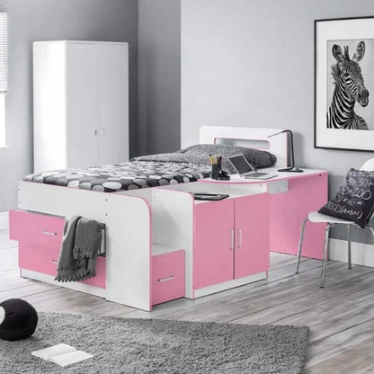 Julian Bowen Cookie Cabin Bed - White/Pink - Front Side View - Bedroom Setting