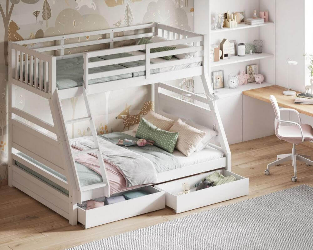 Flair Ollie Triple Bunk Bed - White - Front Side View - Bedroom Setting