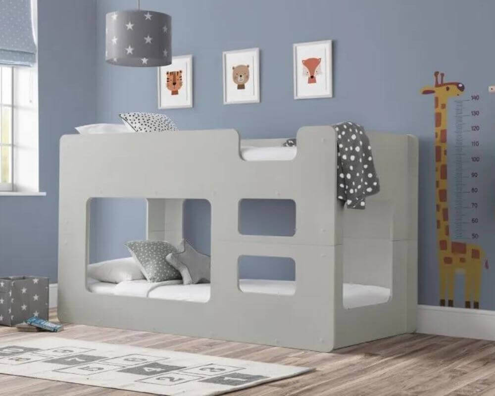 Front side view, light grey kids pod bunk bed - Bedroom Setting