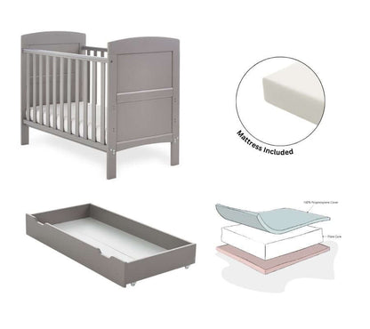 Obaby Grace Mini Cot Bed, Under Drawer + Fibre Mattress - White Background