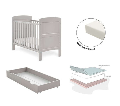 Obaby Grace Mini Cot Bed, Under Drawer + Fibre Mattress - White Background