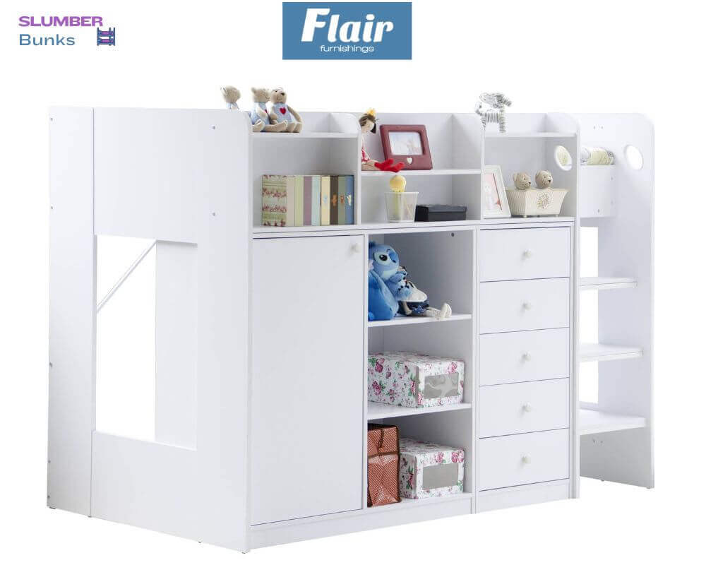 Flair Wizard Junior high Sleeper With Storage - White - Front Side View - White Background