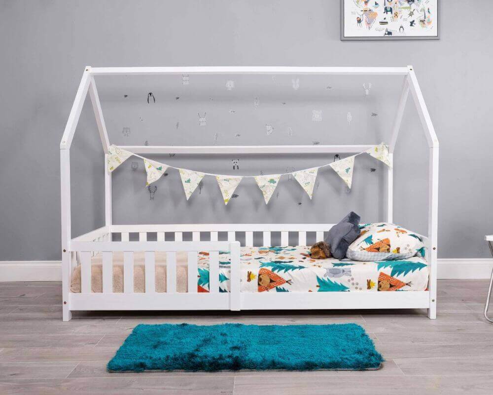 Front View Flair White Wooden Explorer Playhouse Bed With Rails - Bedroom Setting